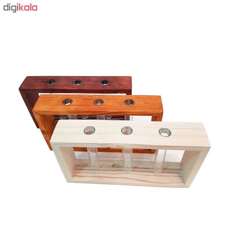 گلدان دکوری رومیزی گوشکوب مدل P043 قاب چوب طبیعی دست‌ساز و شیشه، پوشش جاذب و تنفسی چوب، ابعاد 20×11×4.5 سانتی‌متر، وزن 140 گرم
