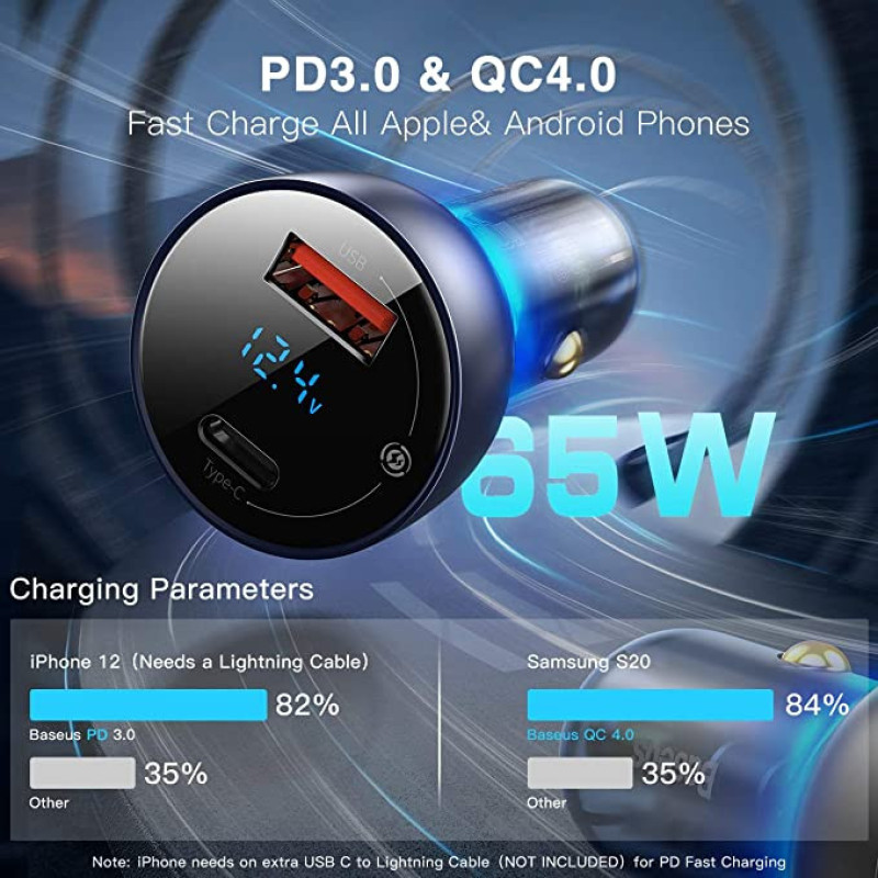شارژر فندکی باسئوس مدل Dual Quick Charger 65W  به همراه کابل USB-C