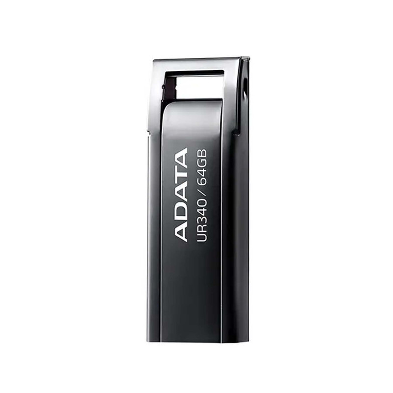 فلش مموری ای دیتا مدل UR340 ظرفیت 64 گیگابایت با بدنه فلزی، رابط USB 3.2 Gen1 Type-A، سرعت انتقال 100 مگابایت بر ثانیه و پشتیبانی از سیستم‌عامل‌های ویندوز، مک و لینوکس