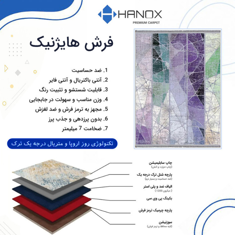 فرش ماشینی 1000 شانه هانوکس زمینه بنفش حاشیه چند رنگ مدل مینیمال کد HANM.0023.1