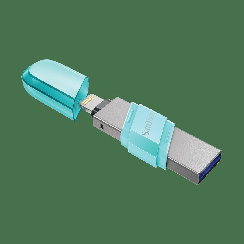 فلش مموری سن دیسک iXPAND FLIP ظرفیت 256 گیگابایت با دو رابط Lightning و USB 3.1، بدنه فلزی، سازگار با iPhone، iPad، ویندوز و مک، انتقال خودکار عکس و ویدیو، طراحی درپوش‌دار و سبک