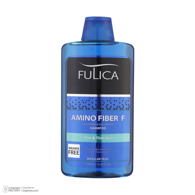 شامپو تقویت‌کننده مو فولیکا مخصوص موهای کم‌حجم و نازک، حجم 400 میلی‌لیتر مدل Amino Fiber، حاوی ویتامین‌های B7 و B6، بدون سولفات، برطرف‌کننده وز مو، آبرسان، محکم‌کننده، حاوی عصاره‌های سبوس برنج، رزماری