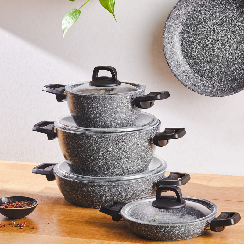 سرویس قابلمه وتابه بیوگرانیتی 9 پارچه کاراجا مدل Biogranit Grey Stone