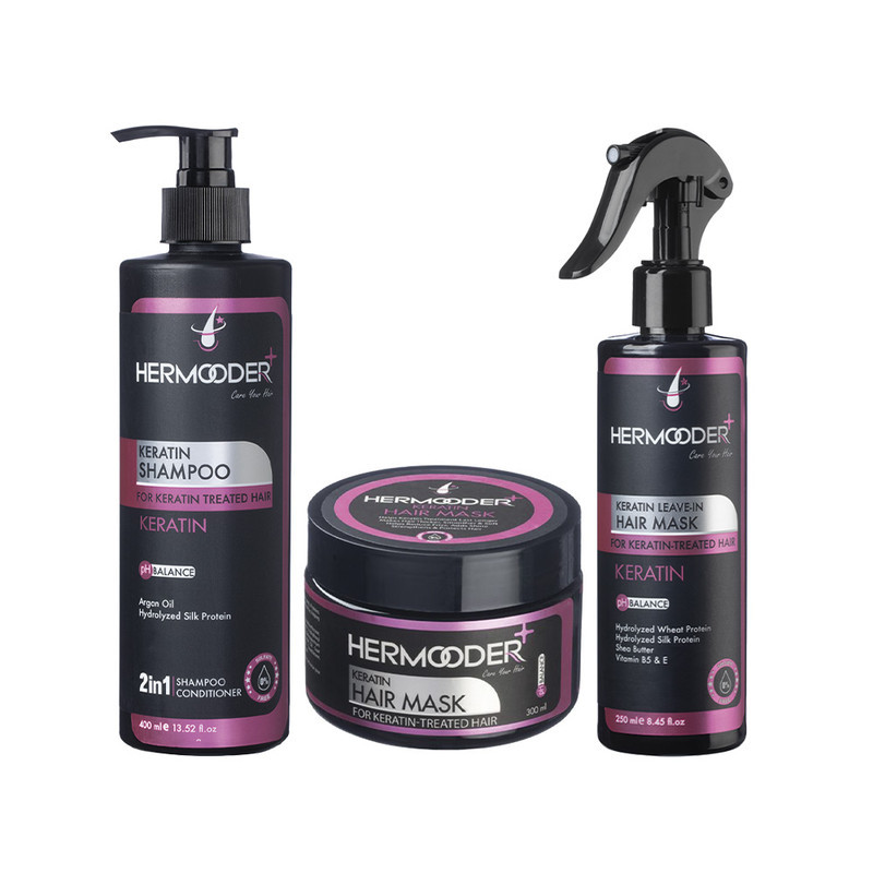 شامپو مو هرمودر مدل Keratin مناسب برای مو کراتین شده حجم 400 میلی لیتر به همراه ماسک مو هرمودر مدل Keratin حجم 300 میلی لیتر و ماسک مو هرمودر مدل Keratin حجم 250 میلی لیتر