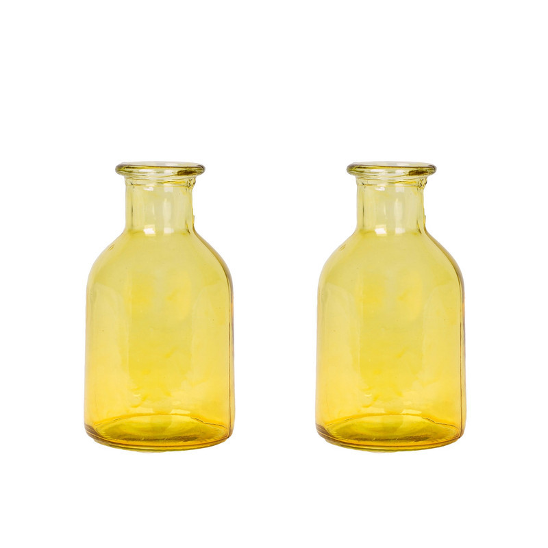 گلدان دکوری شیشه‌ای رنگی نسیم مدل 02 بسته دو عددی با ارتفاع 13 سانتی‌متر، قطر گلوگاه 2.5 سانتی‌متر، مناسب دکوراسیون و نگهداری گیاهان با قابلیت نظافت با دستمال خشک