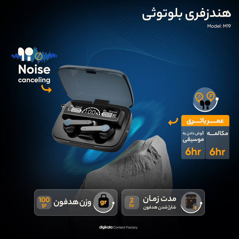 هدفون بلوتوثی مدل M19 بدون قابلیت نویز کنسلینگ، درگاه شارژ USB Type-C، قابلیت استفاده به صورت پاوربانک، دارای نشانگر LED، دارای صفحه نمایش روی محفظه