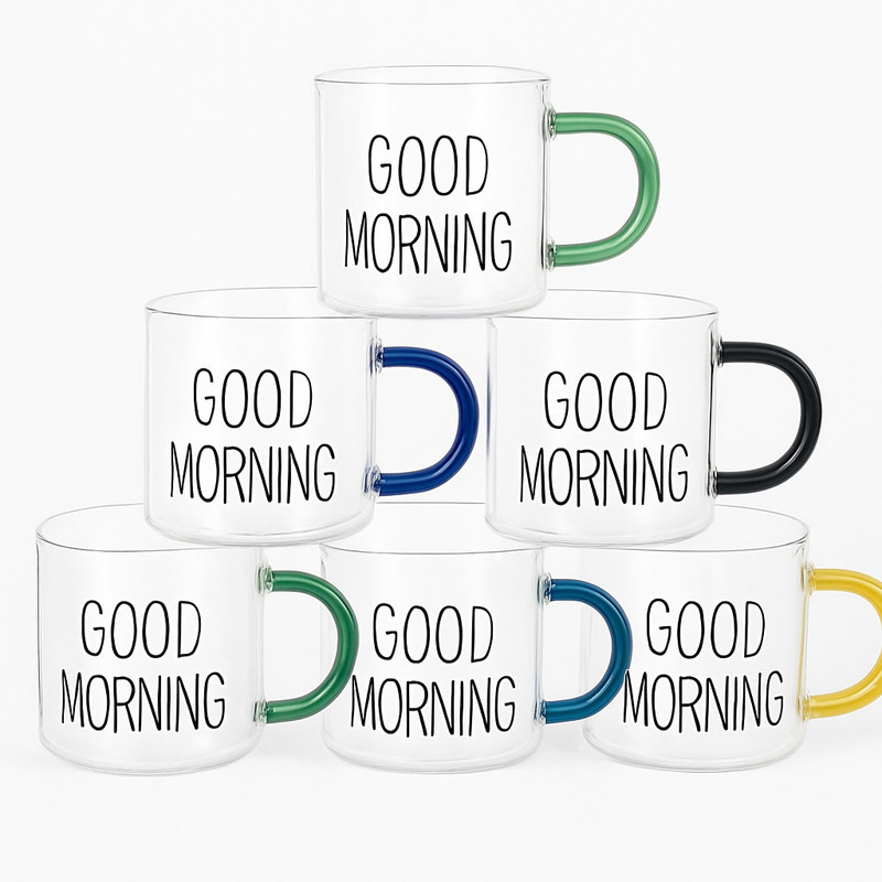 فنجان مدل شات قهوه پیرکس دسته رنگی طرح GOOD MORNING