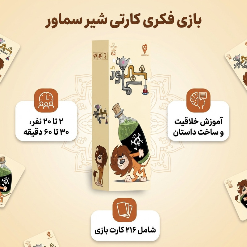 بازی فکری کارتی شیر سماور مدل آموزش خلاقیت و ساخت داستان با 216 کارت، رقابتی و مزایده‌ای، مناسب بزرگسالان، 2 تا 20 نفر، مدت بازی 30 تا 60 دقیقه، درجه سختی آسان و سبک سنتی ایرانی
