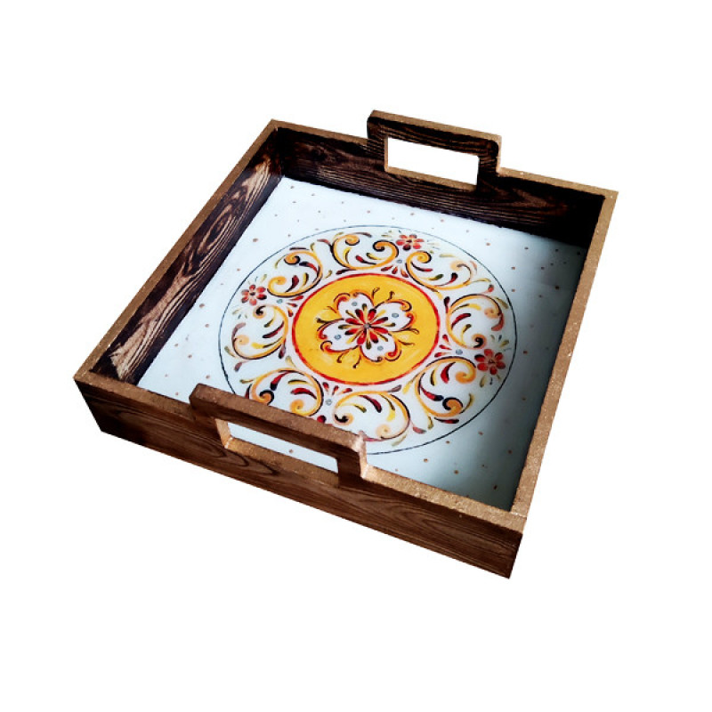سینی دسته دار مدل چوبی رزین کد 2210 سایز 25*25 سانتی متر