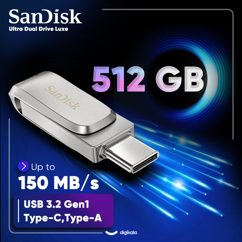 فلش مموری سن دیسک Ultra Dual Drive Luxe ظرفیت 512 گیگابایت با دو رابط USB 3.2 Type-C و Type-A، طراحی چرخشی، بدنه فلزی و سازگار با گوشی، تبلت، کامپیوتر و تلویزیون