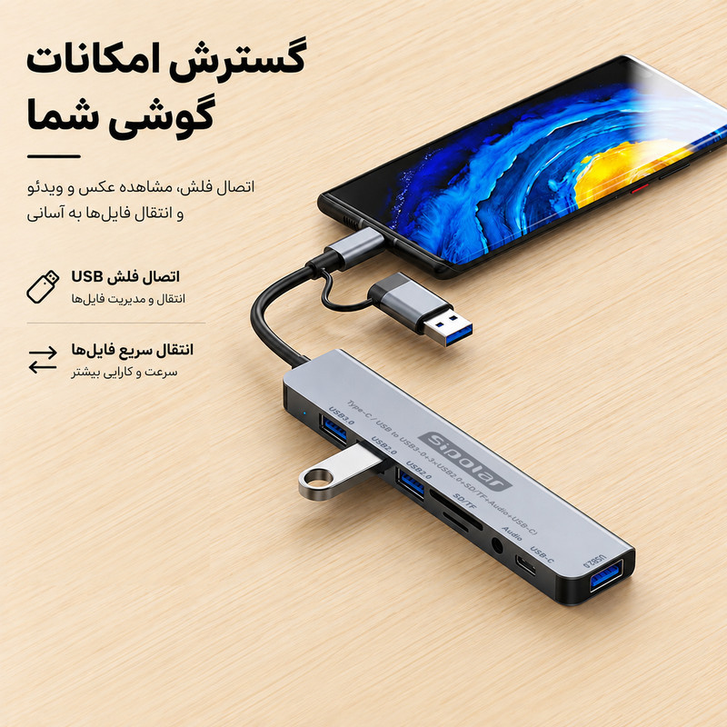 هاب 8 پورت USBUSB-C سیپولار مدل USBType-C to Audio