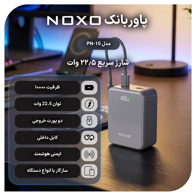 پاوربانک 22.5 وات نوکسو مدل  PN-10 ظرفیت 10000 میلی‌آمپرساعت