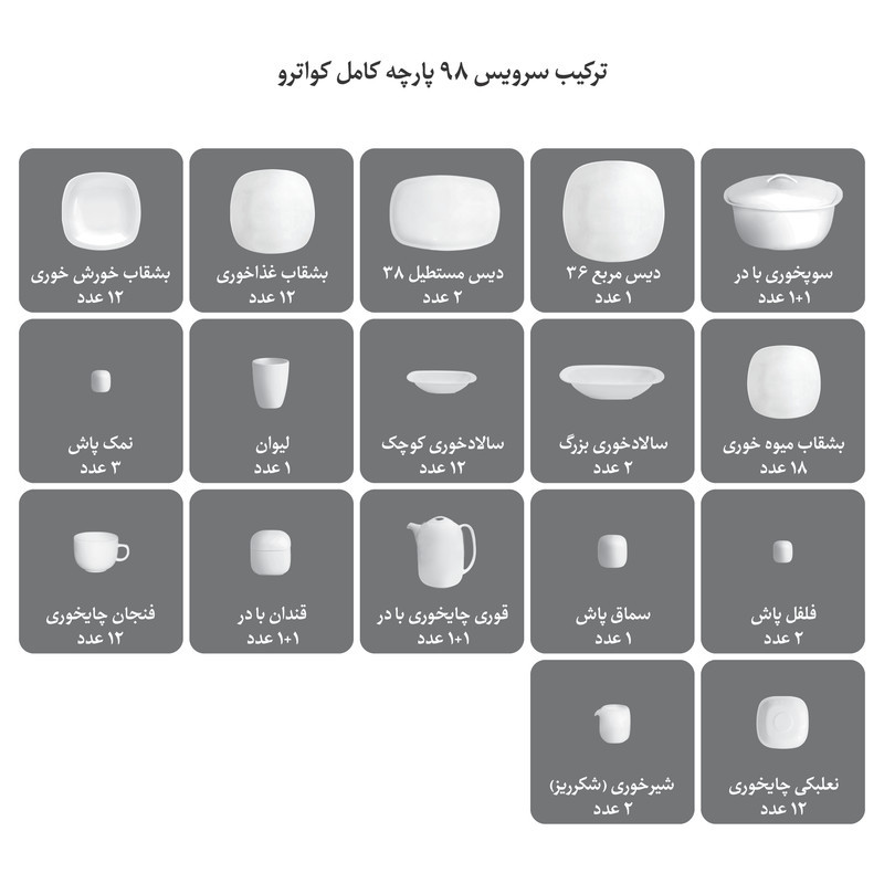 سرویس غذاخوری 98 پارچه 12 نفره چینی زرین ایران مدل  کواترو وگاس اوریت درجه عالی