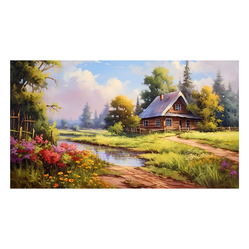 فرش پارچه‌ای مدل فرشینه طرح نقاشی کلبه طبیعت کد AR3060345