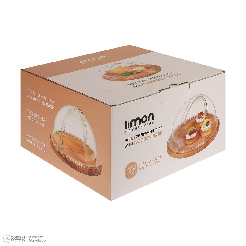 کیک‌خوری و شیرینی‌خوری لیمون مدل پایه چوبی با درپوش اکرلیک شفاف، ابعاد 30x30x17 سانتی‌متر، ساخت ایران، مناسب محافظت و نمایش کیک و دسر، شست‌وشوی دستی