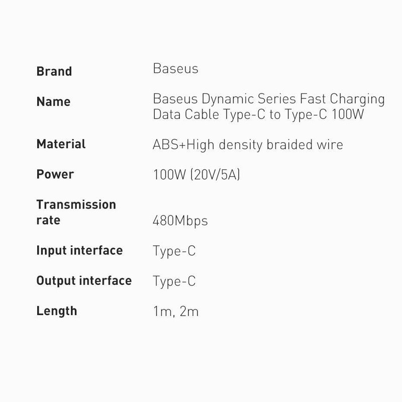 کابل USB-C باسئوس مدل Dynamic Series-100W طول 1 متر
