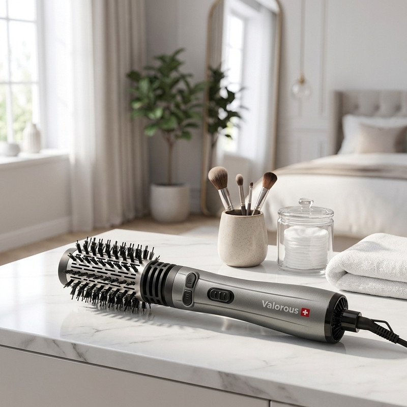 سشوار برس‌دار چرخشی 1200 وات والوروس مدل VL-507، موتور AC، وزن 950 گرم، المنت سرامیک، دارای سری برس‌دار گرد باریک، سری برس‌دار گرد پهن با ویژگی فرکنندگی، صاف‌کنندگی، حجم‌دهندگی، با قابلیت تنظیم دما