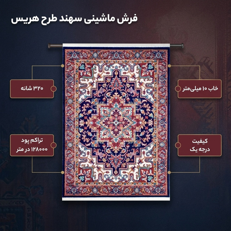 فرش ماشینی فرش سهند طرح هریس کد P648.DJ زمینه سرمه ای