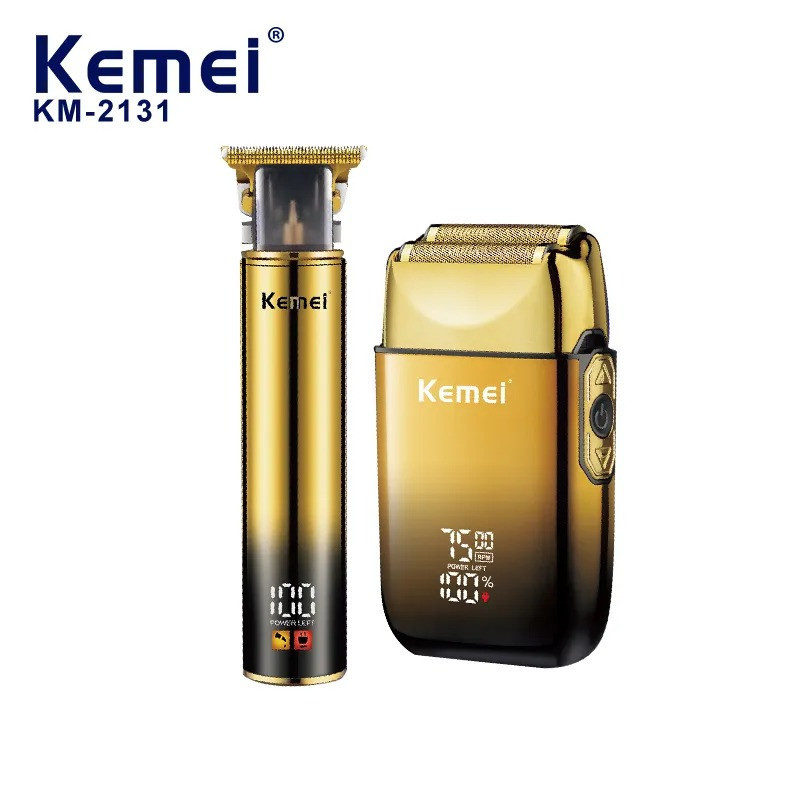 مجموعه 2 عددی ماشین اصلاح موی سر و صورت کیمی مدل KM-2131 با تیغه استیل ضدزنگ، شارژ سریع، تنظیم سرعت، منبع انرژی کابل USB، شامل شیور صفرزن، تریمر حجم‌زن و خط‌زن با مدت استفاده 120 دقیقه پس از شارژ