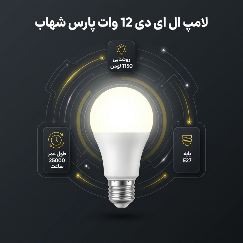 لامپ ال ای دی 12 وات پارس شهاب مدل حبابی A60 پایه E27 بسته سه عددی