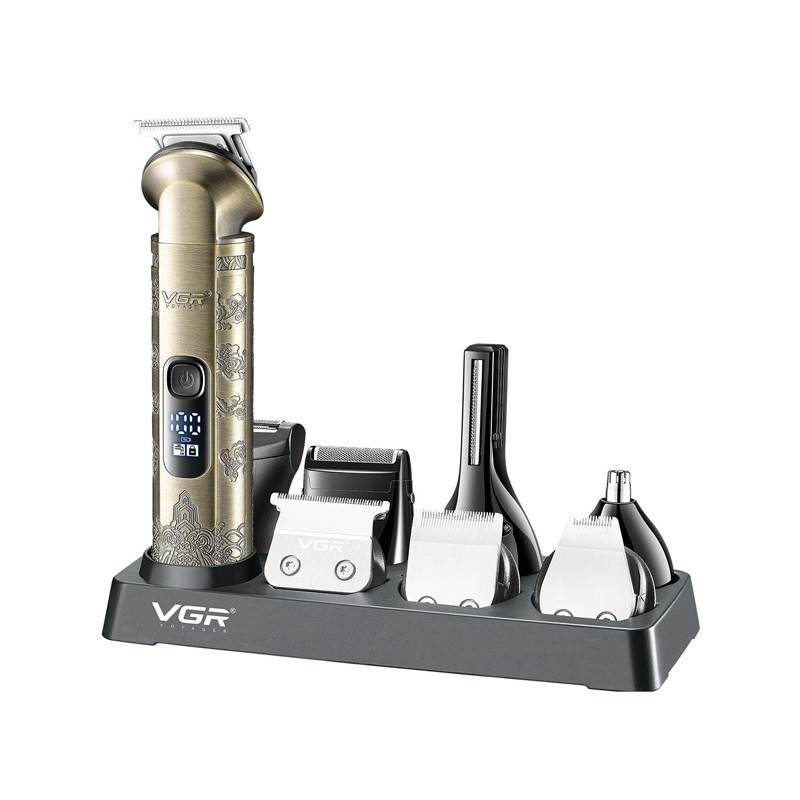 ست ماشین اصلاح موی صورت و بدن وی جی آر مدل V-110 با تیغه استیل ضد زنگ، قابلیت اصلاح صفر، 10 عدد شانه متنوع، نمایشگر باتری، شارژ سریع، ضد آب و استفاده 180 دقیقه پس از شارژ