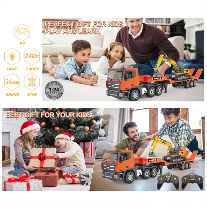ماشین بازی کنترلی هوینا مدل تریلی 12 چرخ حمل بیل مکانیکی مجموعه دو عددی