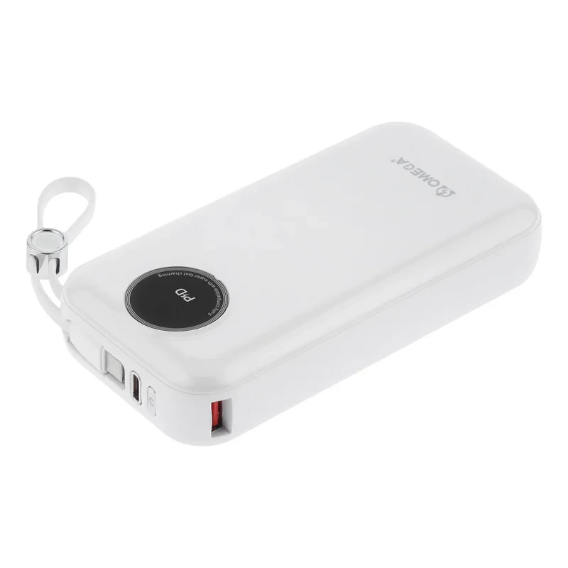 پاوربانک 22.5 وات امگا مدل PB2005 ظرفیت 20000 میلی‌آمپرساعت به همراه کابل USB-C به USB-Cلایتنینگ