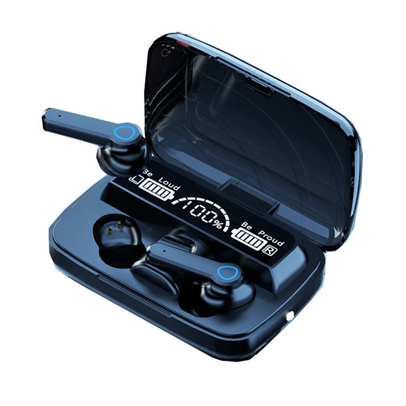 هدغون بلوتوثی مدل air pods m19 بدون قابلیت نویز کنسلینگ، درگاه شارژ microUSB، دارای کنترلر لمسی روی گوشی‌ها، امکان استفاده از محفظه شارژ به عنوان پاور بانک