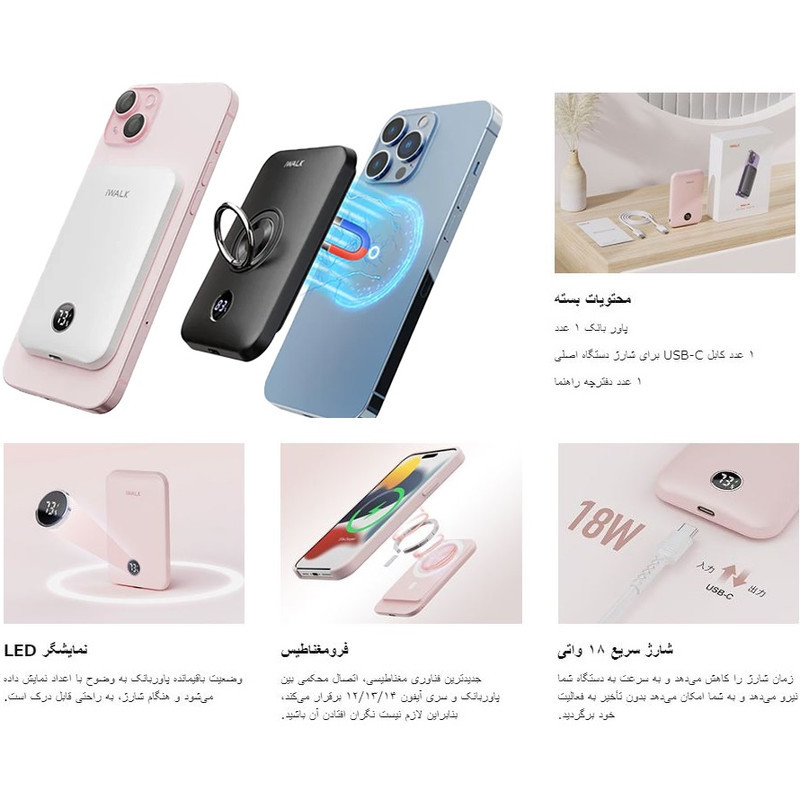 پاوربانک 18.5 وات آی واک مدل MXB008 ظرفیت 5000 میلی‌آمپرساعت