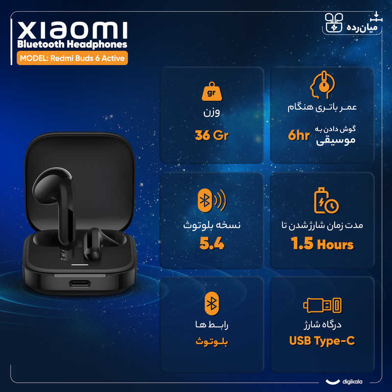 هدفون بلوتوثی شیائومی مدل Redmi Buds 6 Active با نویز کنسلینگ میکروفون (ENC)، درگاه شارژ USB Type-C، دارای دو میکروفون با قابلیت حذف نویز، پشتیبانی از فرمان لمسی، مقاوم در برابر رطوبت و عرق (IPX4)