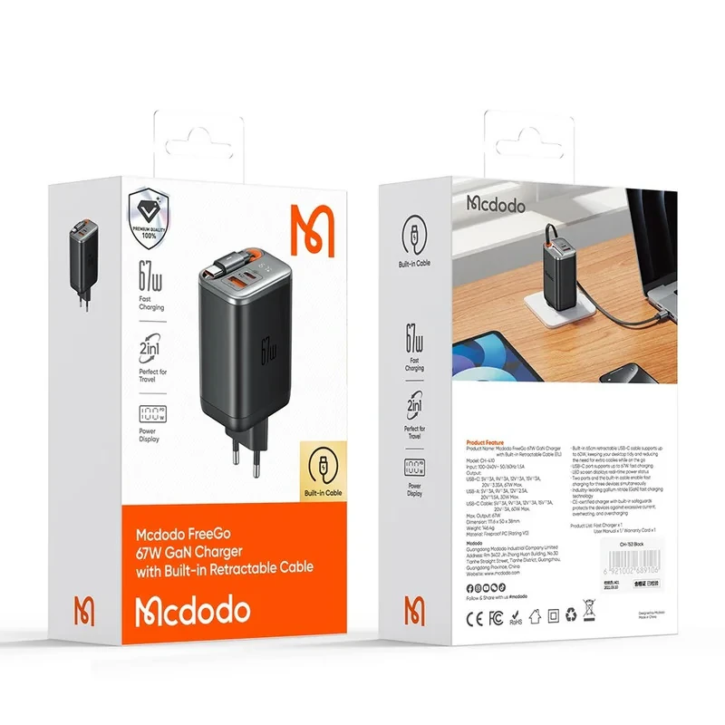 شارژر دیواری 67 وات مک دودو مدل CH-4100 به همراه کابل متصل به بدنه USB-C