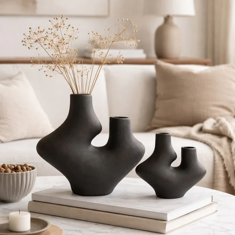 گلدان دکوری سفالی مدل Dual Curve 2 عددی، مناسب گل‌های آپارتمانی، رومیزی و ایستاده، رنگ‌آمیزی اکریلیک، ابعاد 22×22×20 سانتی‌متر، وزن 1000 گرم