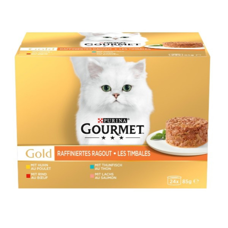 کنسرو غذای گربه گورمت مدل Gold Savoury Cake بافت کیکی با طعم گوشت گاو، مرغ، تن و سالمون بسته 24 عددی