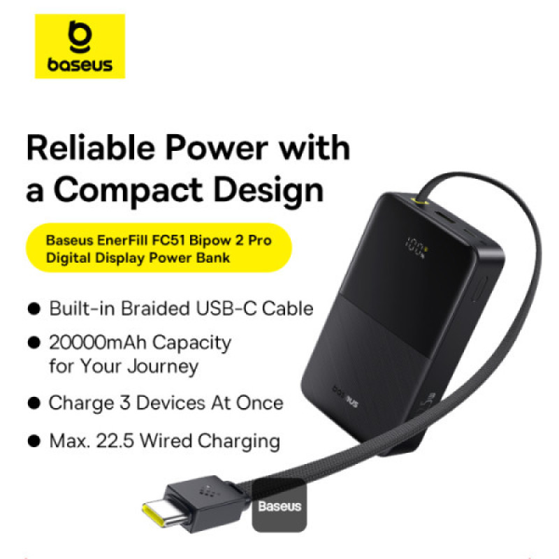پاوربانک 22.5 وات بیسوس مدل ENERFILL PPBD2P-2020  ظرفیت 20000 میلی آمپر ساعت به همراه کابل USB-C