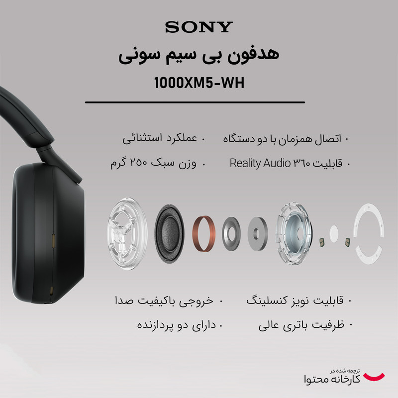 هدفون بی‌سیم سونی مدل WH-1000XM5 با نویز کنسلینگ فعال (ANC)، درگاه شارژ USB Type-C، دارای 4 میکروفون با فناوری Beamforming، پشتیبانی از دستیار صوتی، قابلیت اتصال همزمان به دو دستگاه