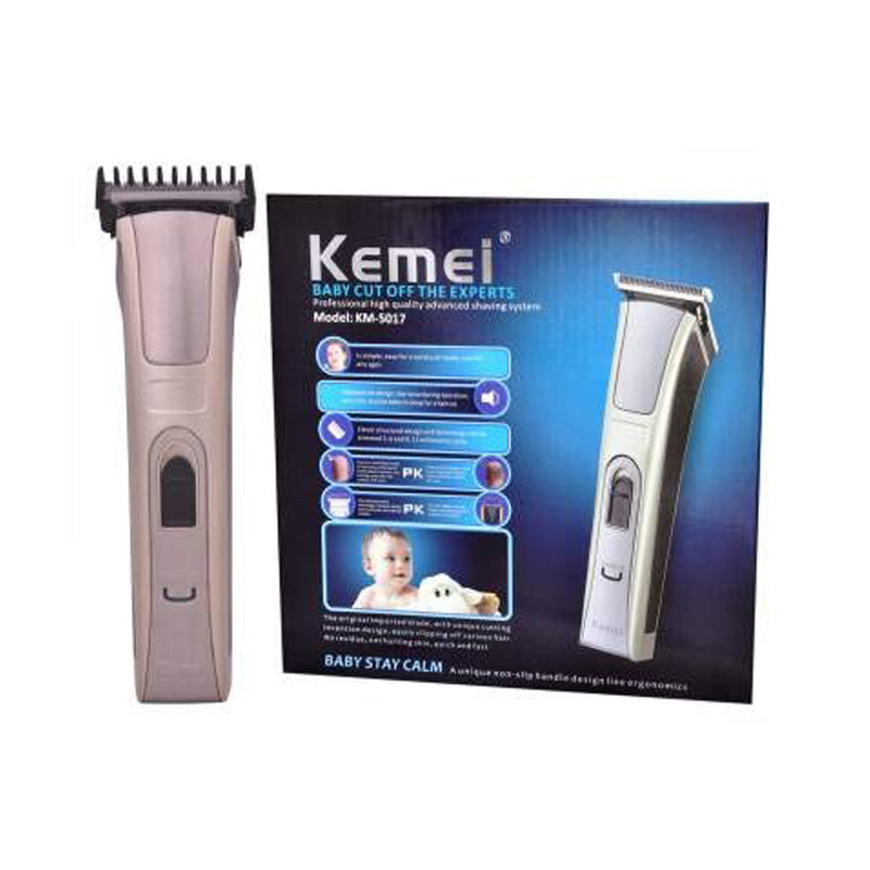 ماشین اصلاح سر و صورت کیمی مدل KM-5017 با تیغه استیل ضد زنگ، 4 شانه قابل تنظیم، طراحی ارگونومیک، باتری 600 میلی‌آمپر ساعت با شارژ USB و قابلیت شست‌وشو