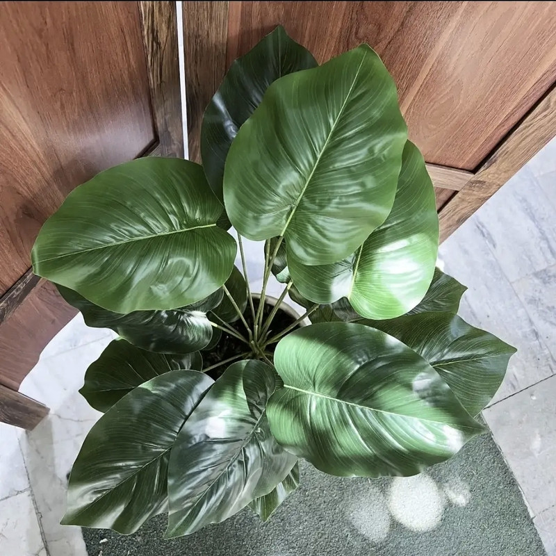 درختچه مصنوعی گیاه بابا آدم 18 برگ قابل شستشو رومیزی و ایستاده مناسب فضای باز و داخل ابعاد 30×30×70 سانتی‌متر وزن 600 گرم