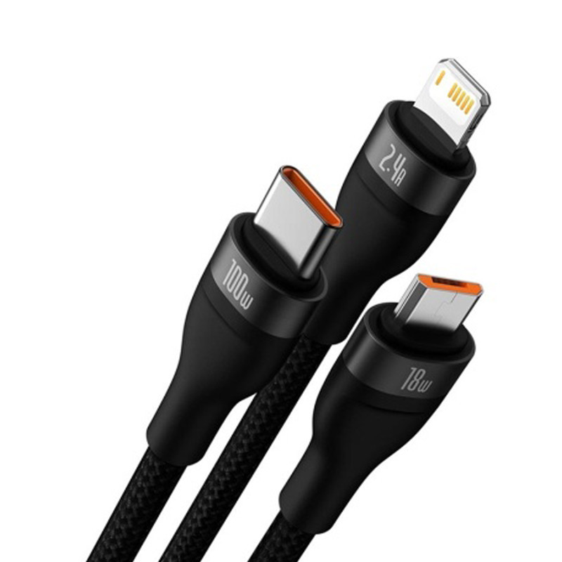 کابل تبدیل USB به USB-C  microUSB  لایتنینگ باسئوس مدل ONE-FOR-THREE 100Wطول 1.2 متر