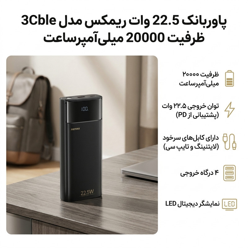 پاوربانک 22.5 وات ریمکس مدل 3Cble ظرفیت 20000 میلی‌آمپرساعت