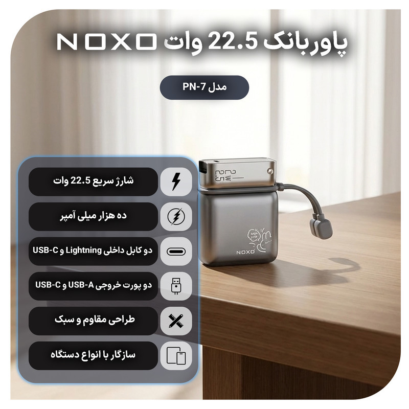 پاوربانک 22.5 وات نوکسو مدل PN-7 ظرفیت 10000 میلی‌آمپرساعت