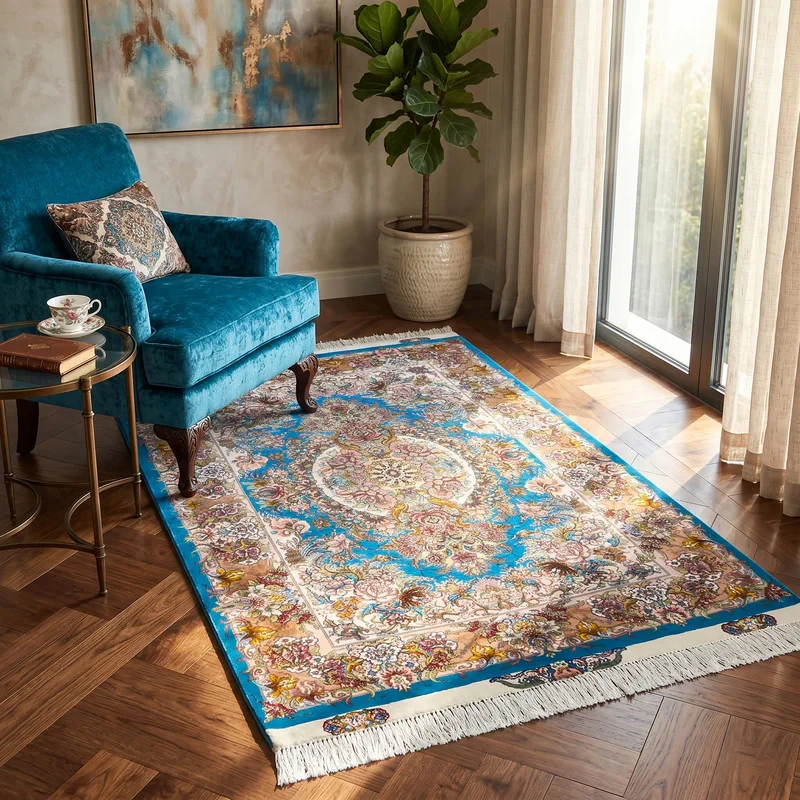 فرش دستبافت یک و نیم متری مدل تبریز طرح خطیبی کد F-TA-LA-14 زمینه آبی فیروزه ای