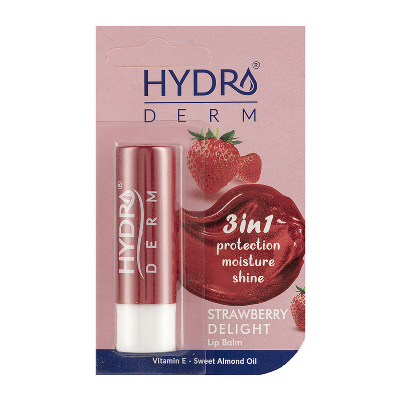 بالم لب مرطوب‌کننده هیدرودرم مدل STRAWBERRY DELIGHT بدون الکل و پارابن با عصاره توت‌فرنگی مناسب پوست خشک و حساس بانوان، بسته‌بندی ماتیکی و رنگ قرمز روشن