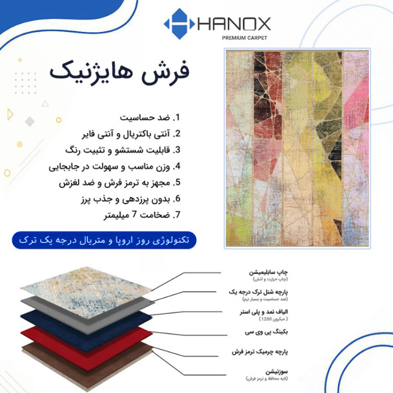 فرش ماشینی 1000 شانه هانوکس زمینه زرد حاشیه چند رنگ مدل مینیمال کد HANM.0023.2