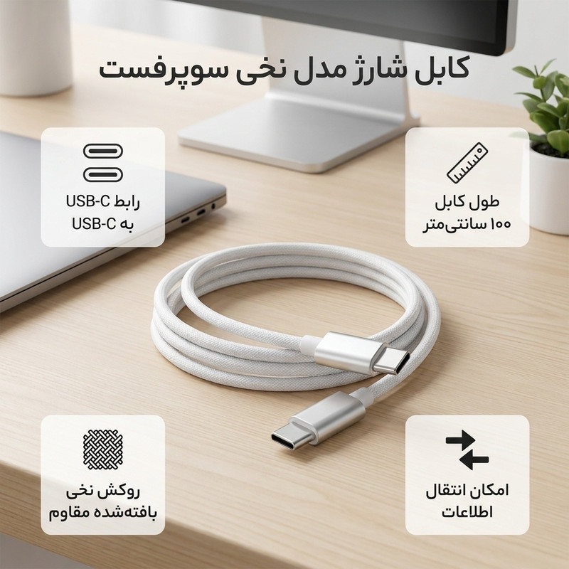کابل USB-C تیسیکالا مدل نخی سوپرفست طول 1 متر