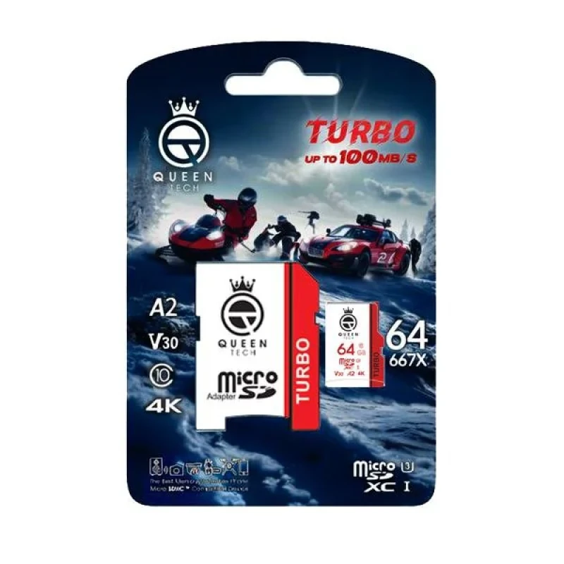 کارت حافظه MicroSDXC کوئین تک مدل TURBO-V30-A2-4K-667X کلاس 10 استاندارد U3 سرعت 100MBS ظرفیت 64 گیگابایت به همراه آداپتور SD