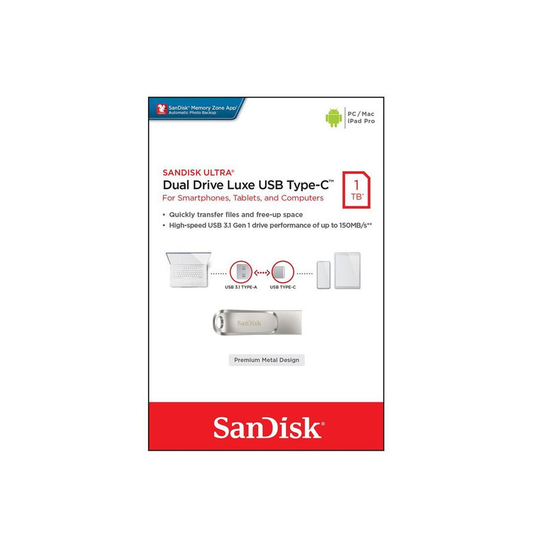 فلش مموری سن دیسک Ultra Dual Drive Luxe ظرفیت 1 ترابایت با دو رابط USB Type-C و USB Type-A، طراحی تاشو، فلزی، سازگار با ویندوز، مک، اندروید و iOS، استاندارد USB 3.2 Gen2