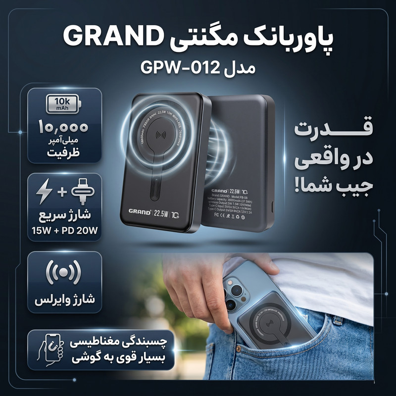 پاوربانک 15 وات گرند اسکای طرح مگ سیف مدل GPW-12 ظرفیت 10000 میلی‌آمپرساعت