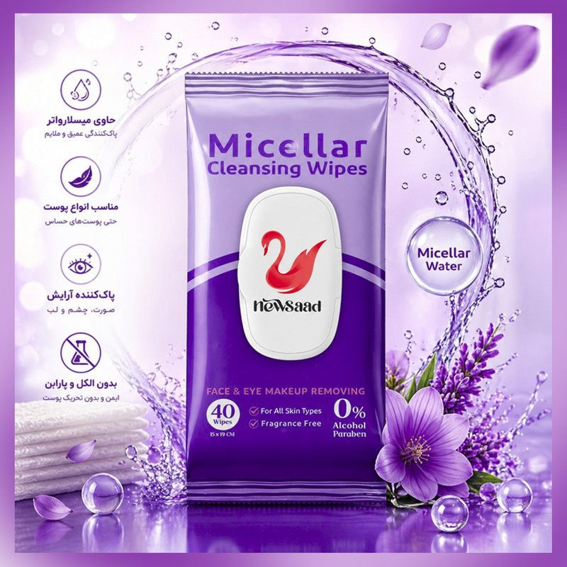 دستمال پاک کننده آرایش میسلارواتر نیوساد مدل Micellat-W03 سه بسته 40 عددی