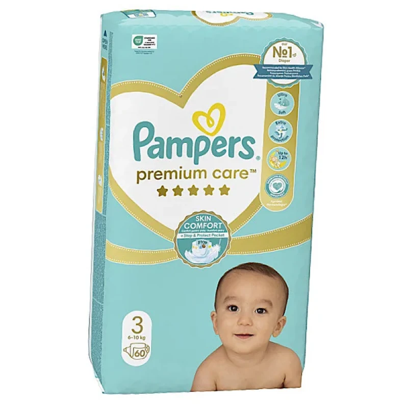پوشک بچه پمپرز مدل premium care سایز ۳ بسته ۶۰ عددی