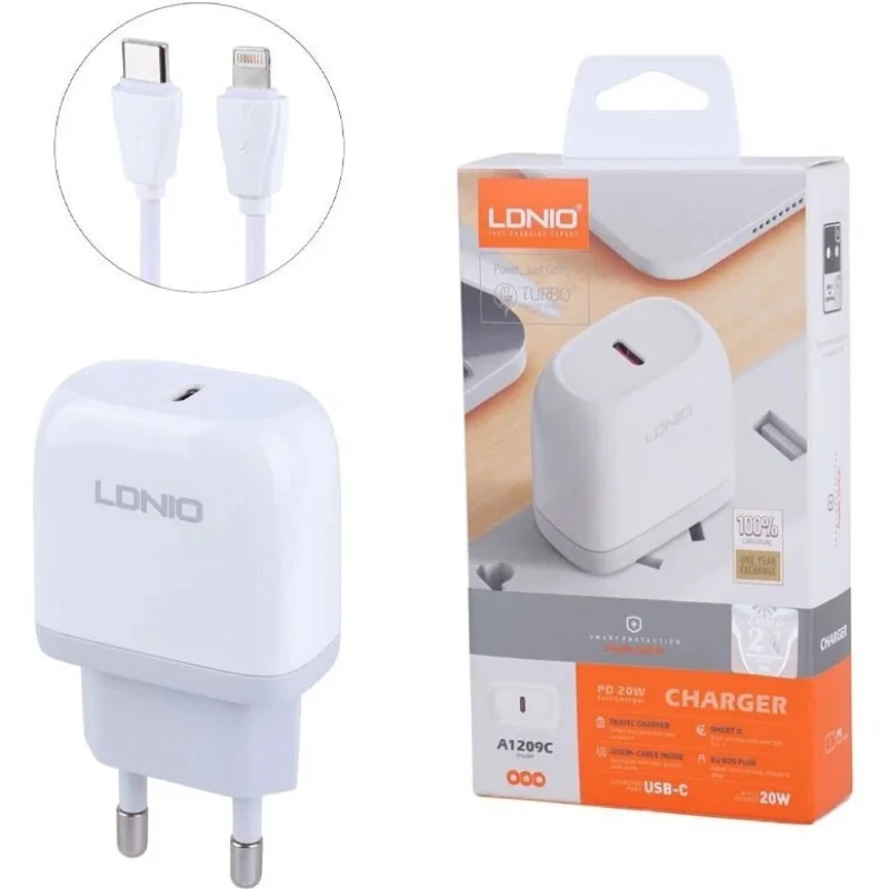 شارژر دیواری 20 وات الدینیو مدل A1209C به همراه کابل تبدیل LIGHTNING